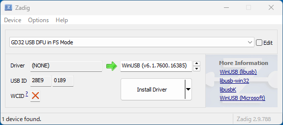 ZadigでGB32 USB DFUをWinUSBに設定する画面（USB IDの確認が重要）